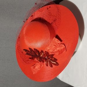Bright Red Straw Hat with netting ribbon bow sequin design